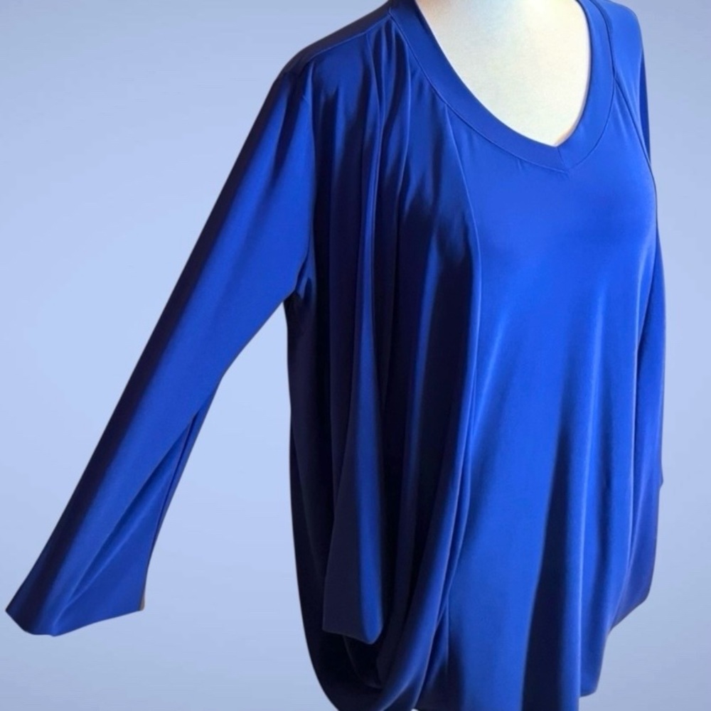 Anna Bella Blue Kaftan Tunic Top Oversized Asymmetrical Pleated Blouse M - Picture 2 of 6